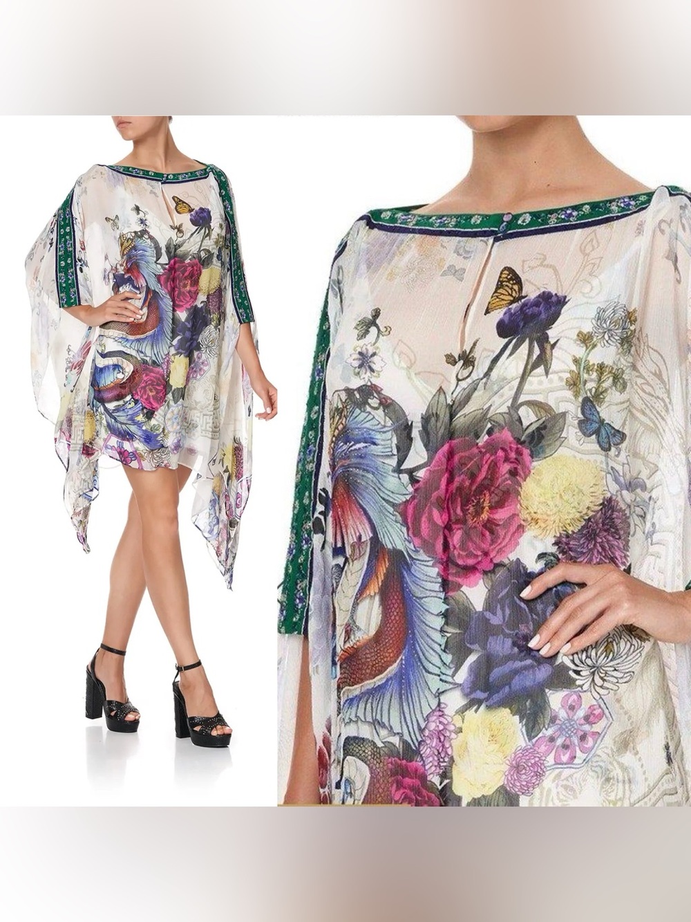Camilla S/M Crystal Embellished Silk Chiffon Gentle Moon Poncho Overlay Dress